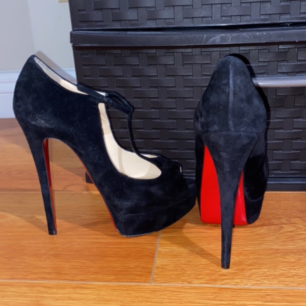 Louboutin Peep Toe Suede T-strap Pumps
